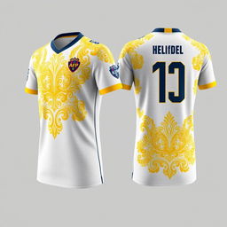 A detailed and stylish design for a futsal jersey incorporating traditional Malay Deli songket patterns in gold yellow on a white base