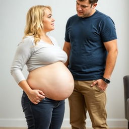 A blonde girl in her twenties who has gained weight, standing with her pot belly sticking out