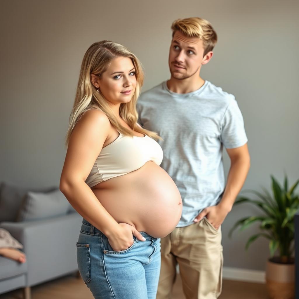 A blonde girl in her twenties who has gained weight, standing with her pot belly sticking out