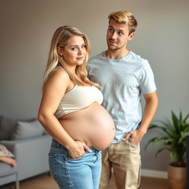 A blonde girl in her twenties who has gained weight, standing with her pot belly sticking out