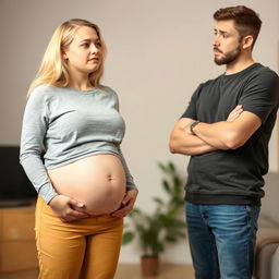 A blonde girl in her twenties who has gained weight, standing with her pot belly sticking out