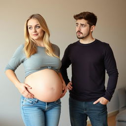 A blonde girl in her twenties who has gained weight, standing with her pot belly sticking out