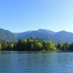 A beautiful landscape featuring a serene lake surrounded by lush green trees and mountains in the background under a clear blue sky