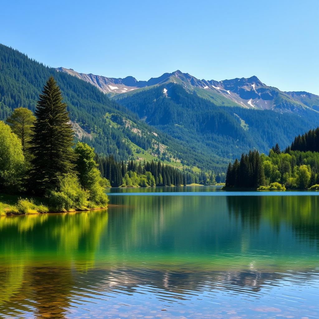 A beautiful landscape featuring a serene lake surrounded by lush green trees and mountains in the background under a clear blue sky