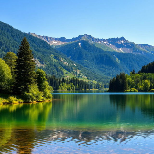 A beautiful landscape featuring a serene lake surrounded by lush green trees and mountains in the background under a clear blue sky