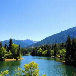 A beautiful landscape featuring a serene lake surrounded by lush green trees and mountains in the background under a clear blue sky