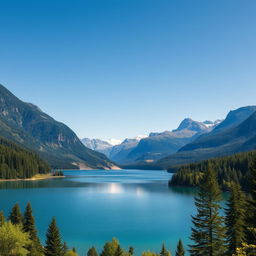 A beautiful landscape featuring a serene lake surrounded by lush green trees and mountains in the background under a clear blue sky