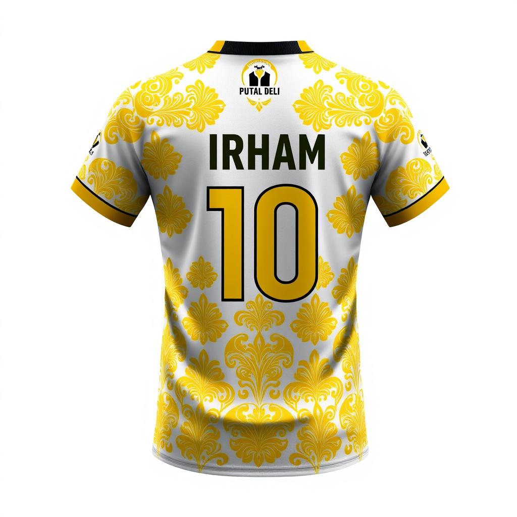 A detailed and stylish design for a futsal jersey incorporating traditional Malay Deli songket patterns in gold yellow on a white base