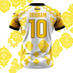 A detailed and stylish design for a futsal jersey incorporating traditional Malay Deli songket patterns in gold yellow on a white base