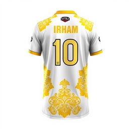 A detailed and stylish design for a futsal jersey incorporating traditional Malay Deli songket patterns in gold yellow on a white base