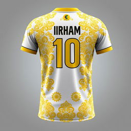 A detailed and stylish design for a futsal jersey incorporating traditional Malay Deli songket patterns in gold yellow on a white base