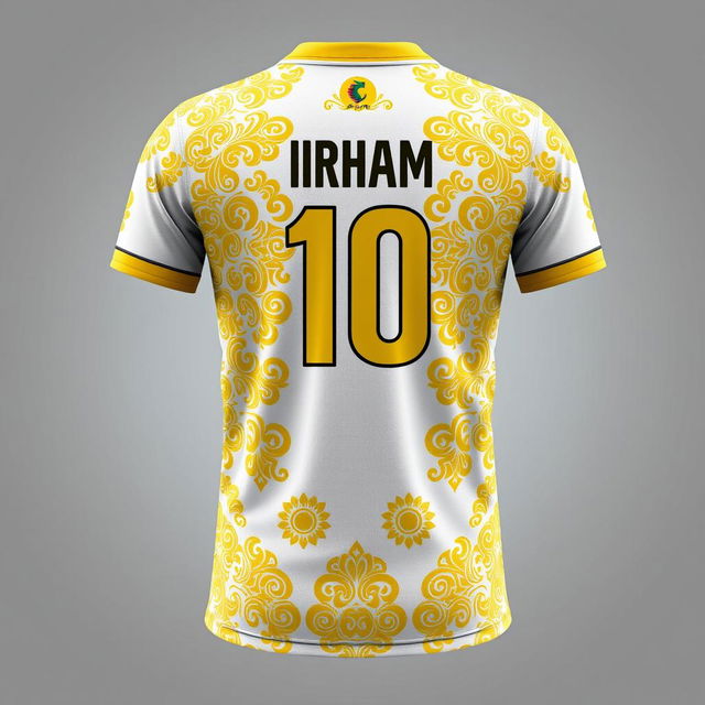 A detailed and stylish design for a futsal jersey incorporating traditional Malay Deli songket patterns in gold yellow on a white base