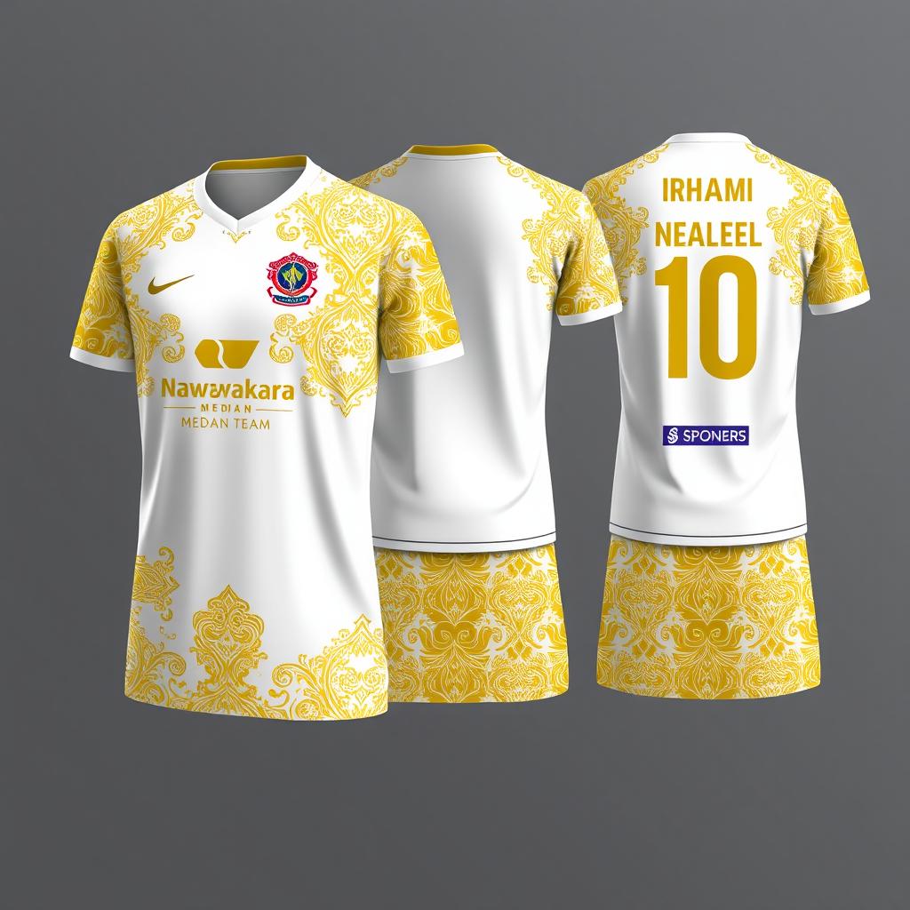 A detailed and stylish design for a futsal jersey incorporating traditional Malay Deli songket patterns in gold and white colors