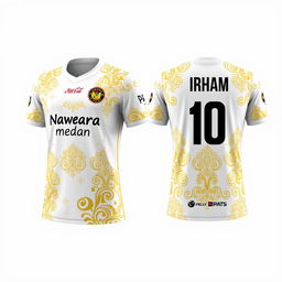 A detailed and stylish design for a futsal jersey incorporating traditional Malay Deli songket patterns in gold and white colors