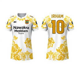 A detailed and stylish design for a futsal jersey incorporating traditional Malay Deli songket patterns in gold and white colors