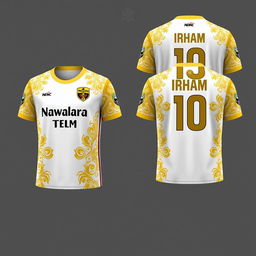 A detailed and stylish design for a futsal jersey incorporating traditional Malay Deli songket patterns in gold and white colors