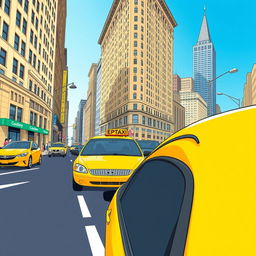 A detailed illustration of a yellow taxi cab driving through a bustling city street