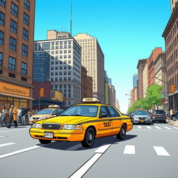 A detailed illustration of a yellow taxi cab driving through a bustling city street