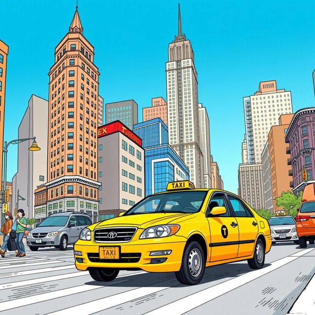 A detailed illustration of a yellow taxi cab driving through a bustling city street