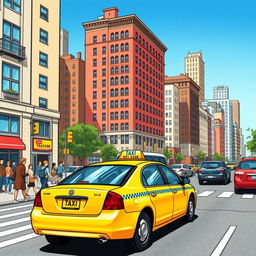 A detailed illustration of a yellow taxi cab driving through a bustling city street