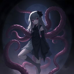 Create an image of a waifu character with tentacles inside a mysterious and dark environment