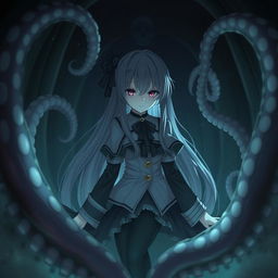 Create an image of a waifu character with tentacles inside a mysterious and dark environment