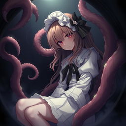 Create an image of a waifu character with tentacles inside a mysterious and dark environment