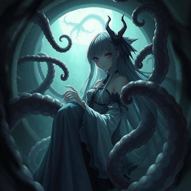 Create an image of a waifu character with tentacles inside a mysterious and dark environment