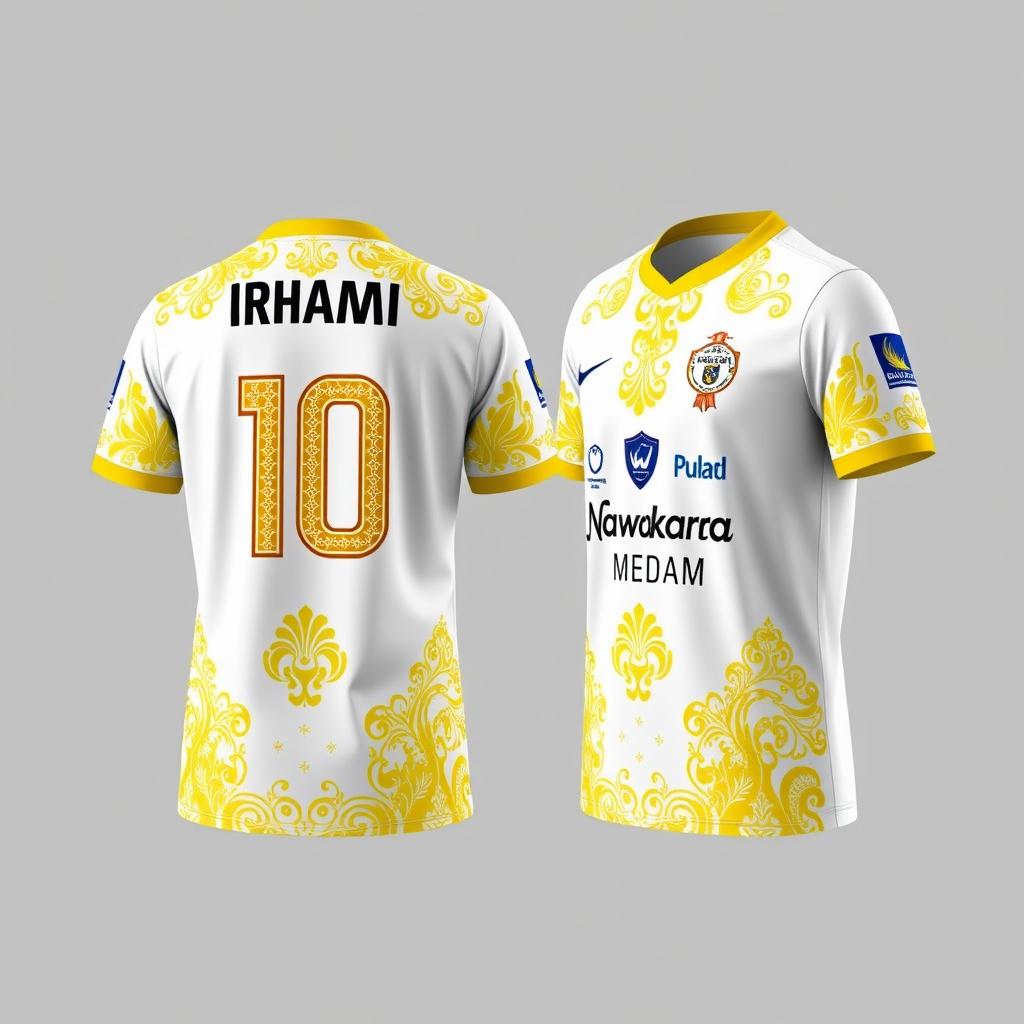 A detailed and stylish design for a futsal jersey incorporating traditional Malay Deli songket patterns in gold yellow on a white base