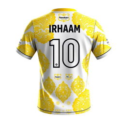 A detailed and stylish design for a futsal jersey incorporating traditional Malay Deli songket patterns in gold yellow on a white base