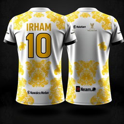 A detailed and stylish design for a futsal jersey incorporating traditional Malay Deli songket patterns in gold yellow on a white base