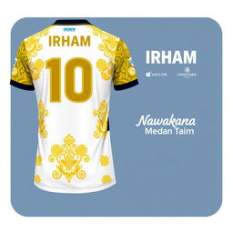 A detailed and stylish design for a futsal jersey incorporating traditional Malay Deli songket patterns in gold yellow on a white base