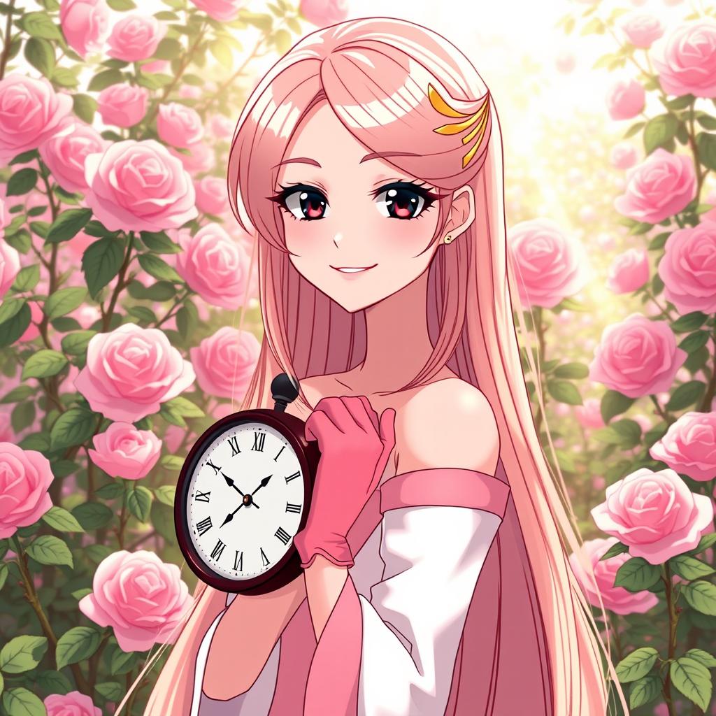 A slender tall anime woman with long rose blonde hair, black eyes with long lashes, and dark dewy pink lips, wearing a long satin pale pink and white gown with short pink hand gloves