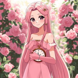 A slender tall anime woman with long rose blonde hair, black eyes with long lashes, and dark dewy pink lips, wearing a long satin pale pink and white gown with short pink hand gloves