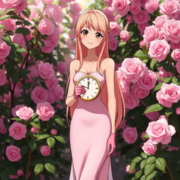 A slender tall anime woman with long rose blonde hair, black eyes with long lashes, and dark dewy pink lips, wearing a long satin pale pink and white gown with short pink hand gloves