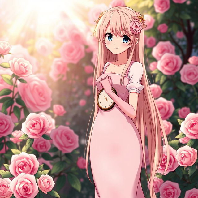 A slender tall anime woman with long rose blonde hair, black eyes with long lashes, and dark dewy pink lips, wearing a long satin pale pink and white gown with short pink hand gloves