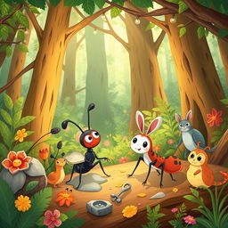 Illustrate a charming scene featuring an ant named Semut and his friends in a magical forest