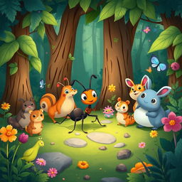 Illustrate a charming scene featuring an ant named Semut and his friends in a magical forest