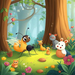 Illustrate a charming scene featuring an ant named Semut and his friends in a magical forest