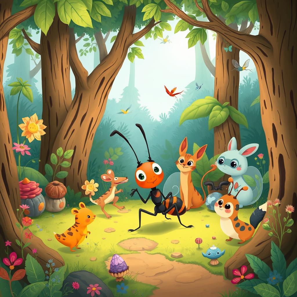 Illustrate a charming scene featuring an ant named Semut and his friends in a magical forest