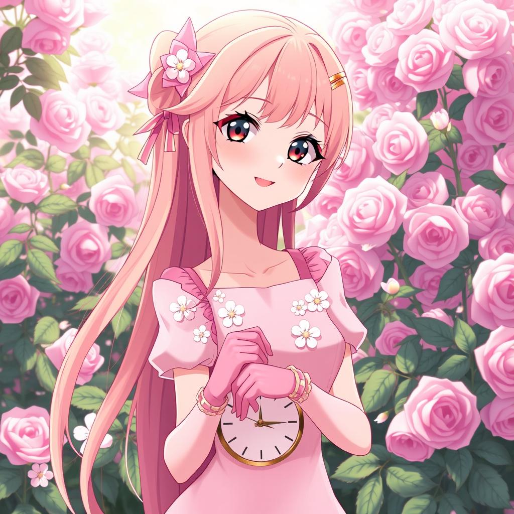 A slender tall anime woman with long rose blonde hair, beautiful dove brown eyes with long lashes, and dark dewy pink lips, wearing a short pale pink spring dress accenting white flowers and shoulder puffs with short pink hand gloves