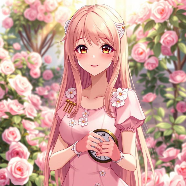 A slender tall anime woman with long rose blonde hair, beautiful dove brown eyes with long lashes, and dark dewy pink lips, wearing a short pale pink spring dress accenting white flowers and shoulder puffs with short pink hand gloves