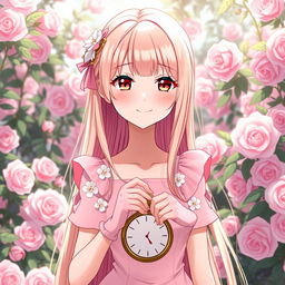 A slender tall anime woman with long rose blonde hair, beautiful dove brown eyes with long lashes, and dark dewy pink lips, wearing a short pale pink spring dress accenting white flowers and shoulder puffs with short pink hand gloves