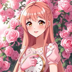 A slender tall anime woman with long rose blonde hair, beautiful dove brown eyes with long lashes, and dark dewy pink lips, wearing a short pale pink spring dress accenting white flowers and shoulder puffs with short pink hand gloves