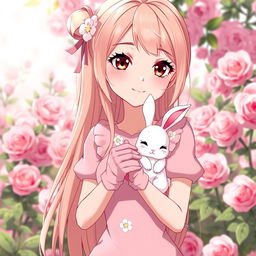 A slender tall anime woman with long rose blonde hair, beautiful dove brown eyes with long lashes, and dark dewy pink lips, wearing a short pale pink spring dress accenting white flowers and shoulder puffs with short pink hand gloves