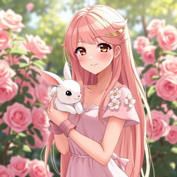 A slender tall anime woman with long rose blonde hair, beautiful dove brown eyes with long lashes, and dark dewy pink lips, wearing a short pale pink spring dress accenting white flowers and shoulder puffs with short pink hand gloves