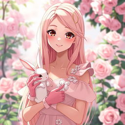 A slender tall anime woman with long rose blonde hair, beautiful dove brown eyes with long lashes, and dark dewy pink lips, wearing a short pale pink spring dress accenting white flowers and shoulder puffs with short pink hand gloves