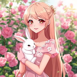 A slender tall anime woman with long rose blonde hair, beautiful dove brown eyes with long lashes, and dark dewy pink lips, wearing a short pale pink spring dress accenting white flowers and shoulder puffs with short pink hand gloves