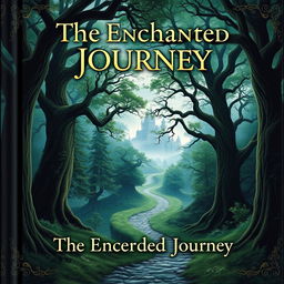 A captivating book cover featuring a mystical forest with towering ancient trees, a winding path, and a distant castle shrouded in mist