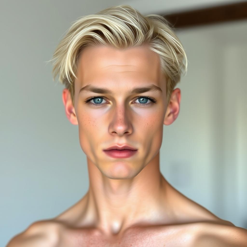 A medium male model named Freminet with periwinkle eyes, dark eyelashes, pale freckled skin, and pale blond hair